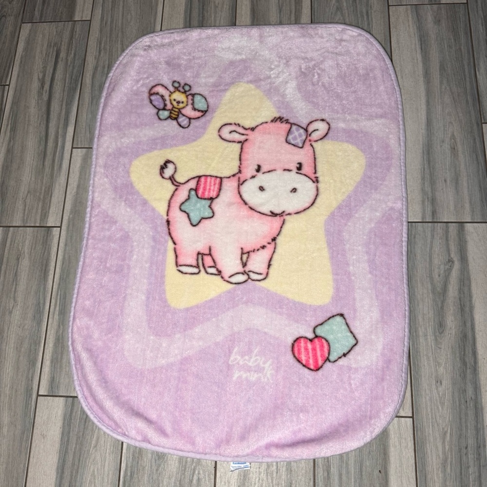 Baby Mink Purple Plush Vintage Baby Blanket Cow Sheep Lamp & Butterfly 31”x43”